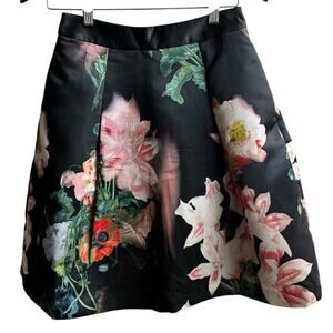 TED BAKER Black Satin Floral A-Line Pleated Skirt Size 1